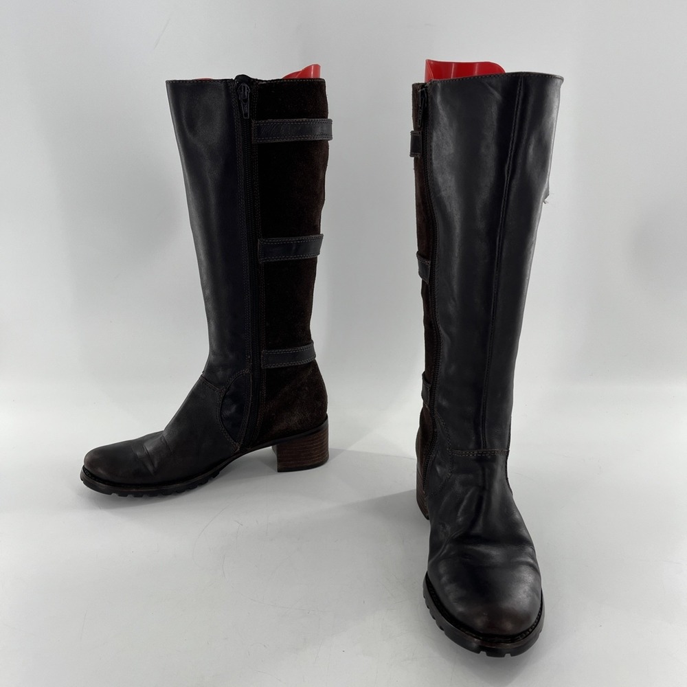 Ecco Leather Suede Tall Knee High Buckle Boots 6-6.5 Brown Chunky Esmeralda 37